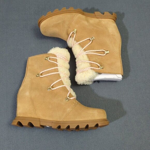 Sorel Booties Women's 10 Tawny Buff Gum 2 Joan of Arctic Wedge III Lace Cozy NWT - Picture 3 of 11